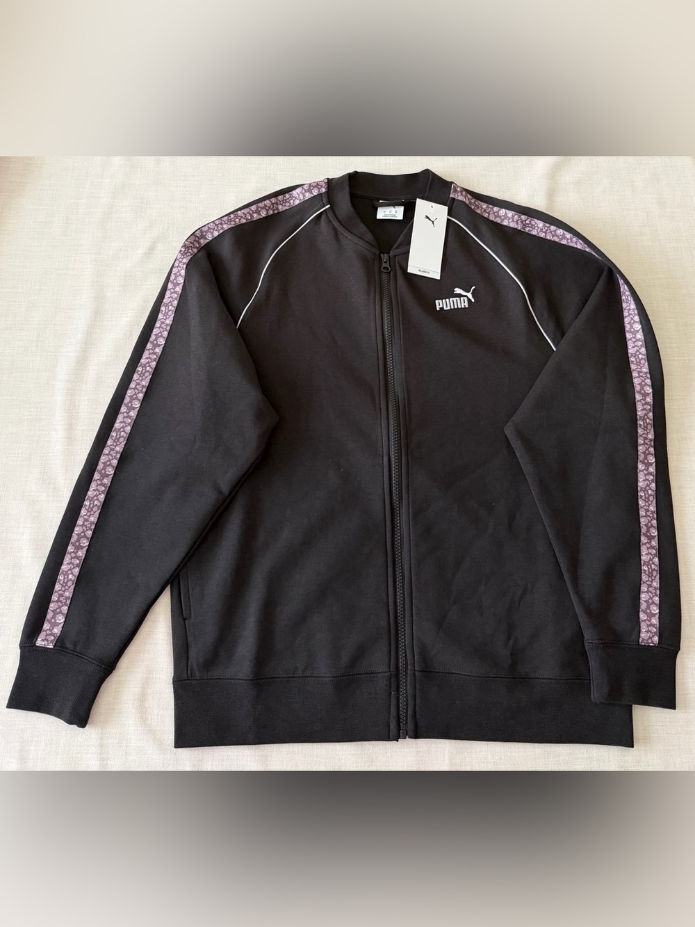 Puma Black Bomber Jacket with Purple Patterned Sleeve Stripe